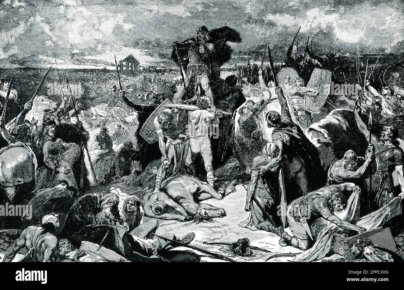 La légende de 1906 se lit comme suit : 'Thorismund couronné sur le champ de bataille de Chalons. À la grande bataille des Chalons [451 après J.-C.], Attila, 'le fléau de Dieu,' a rencontré sa défaite finale des Romains et des Visigoths combinés. Théodoric, le roi Visigothic, a été tué au combat, tout en menant ses hommes dans une charge héroïque. Les Visigoths ont rapidement déclaré son jeune fils Thorismund roi, l'élevant sur leurs boucliers au milieu de tout le déracinement énorme de la batle. Puis, avec Thorismund à leur tête, ils se précipitèrent vers l'avant pour venger leur ancien chef, et dans leur fureur, ils remportèrent la bataille. » Banque D'Images