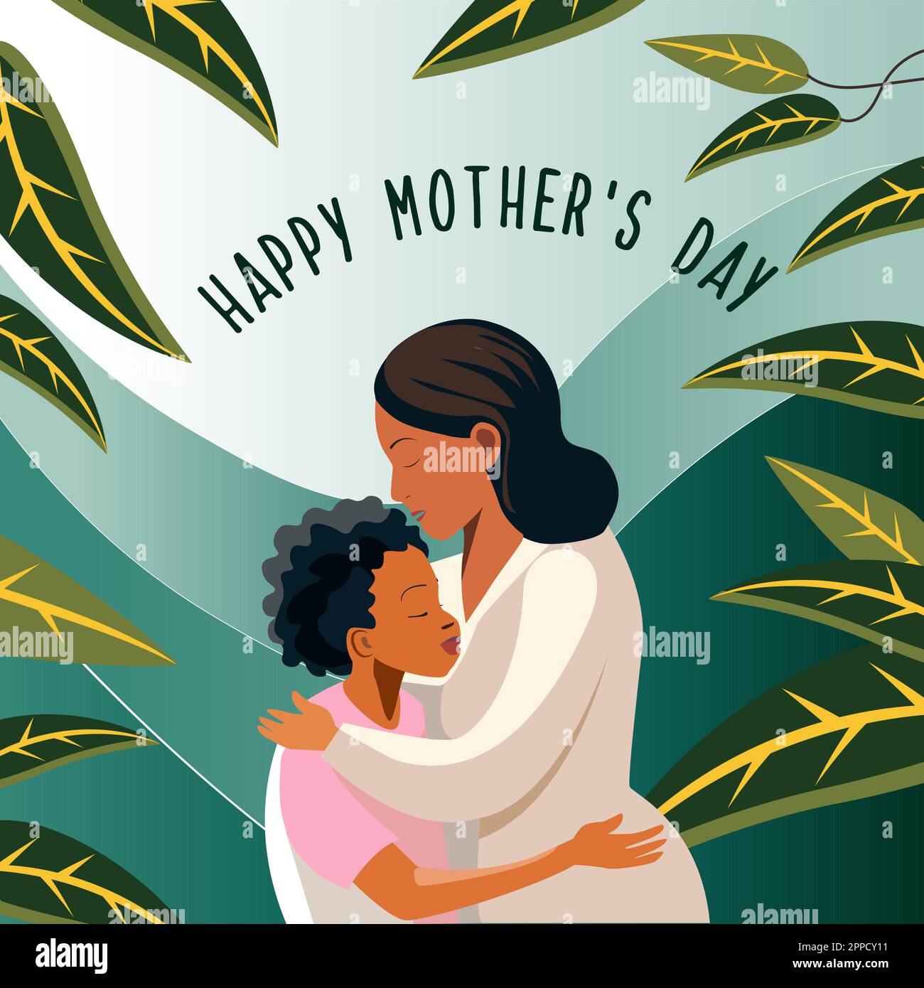 Maman embrasse son vecteur plat avec inscription Happy Mothers day Illustration de Vecteur