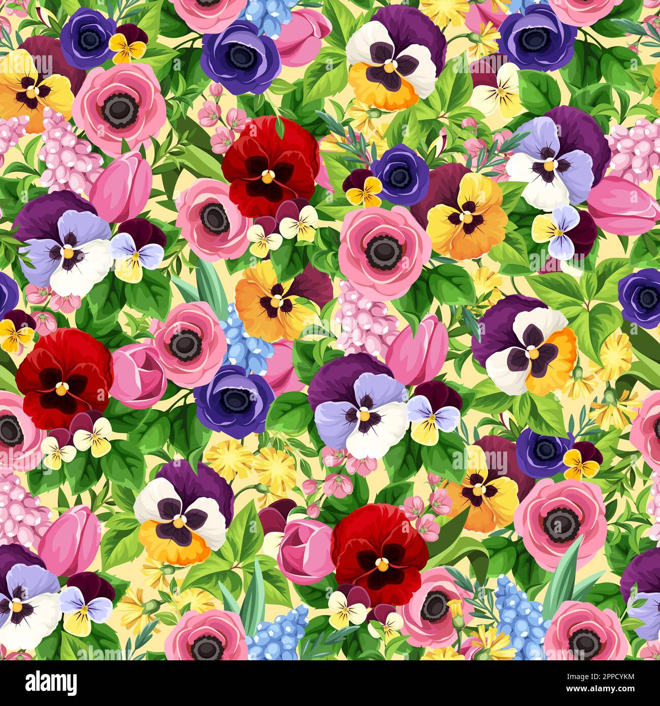 Motif fleuri sans couture avec fleurs de tulipe, de pansy, de jacinthe et d'anémone colorées. Imprimé fleuri vectoriel Illustration de Vecteur