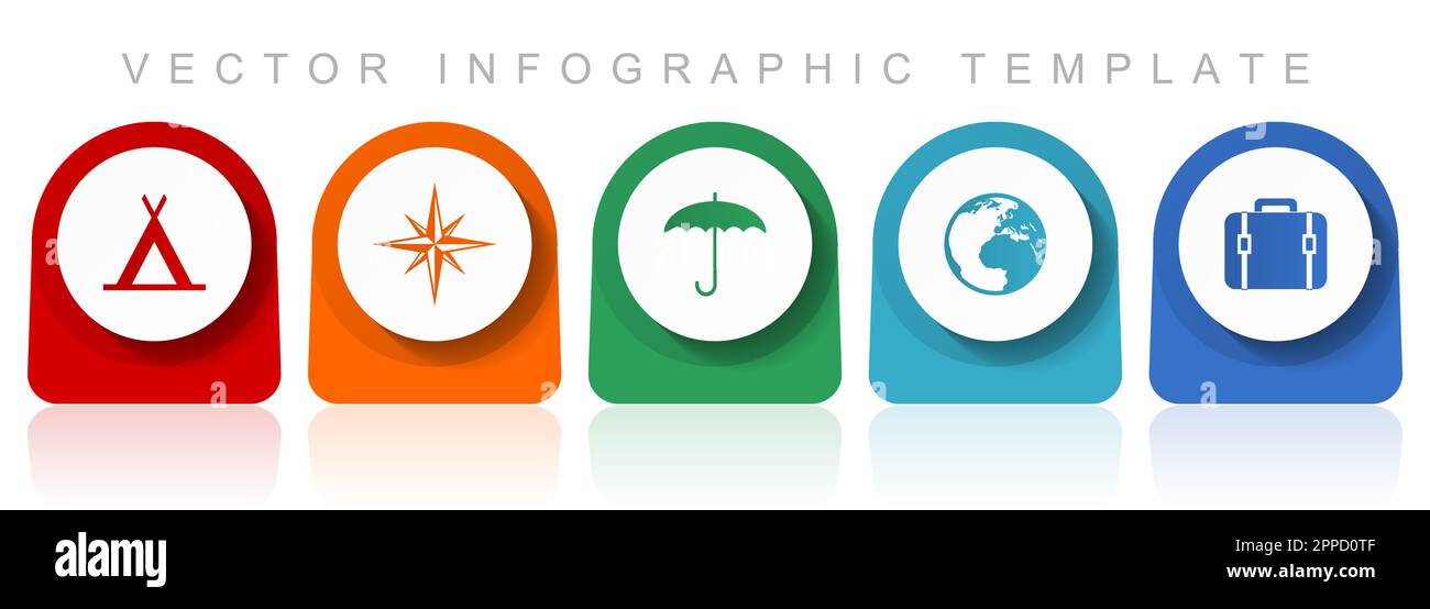 Jeu d'icônes d'aventure, conception plate diverses icônes colorées telles que tente, navigation, parapluie, globe et étui pour la conception Web et les applications mobiles, Illustration de Vecteur