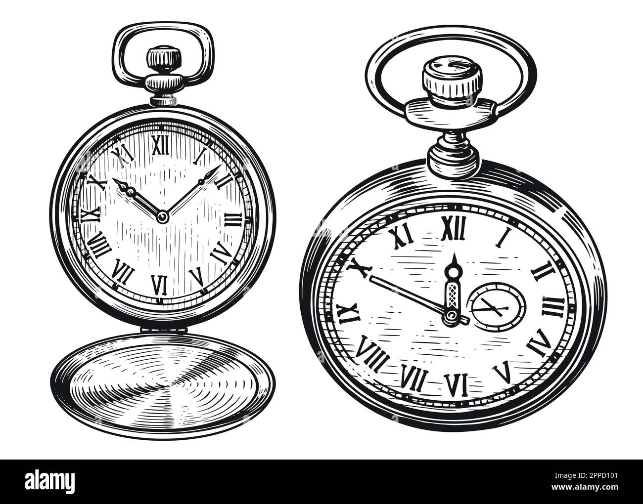 Montre rétro de poche. Ancienne horloge vintage isolée. Illustration d'esquisse dessinée à la main dans un style de gravure ancien Illustration de Vecteur