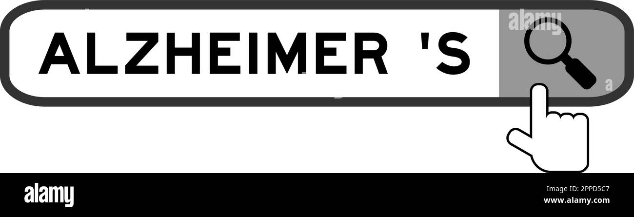 Recherchez la bannière dans le mot alzheimer avec la main sur l'icône de loupe sur fond blanc Illustration de Vecteur