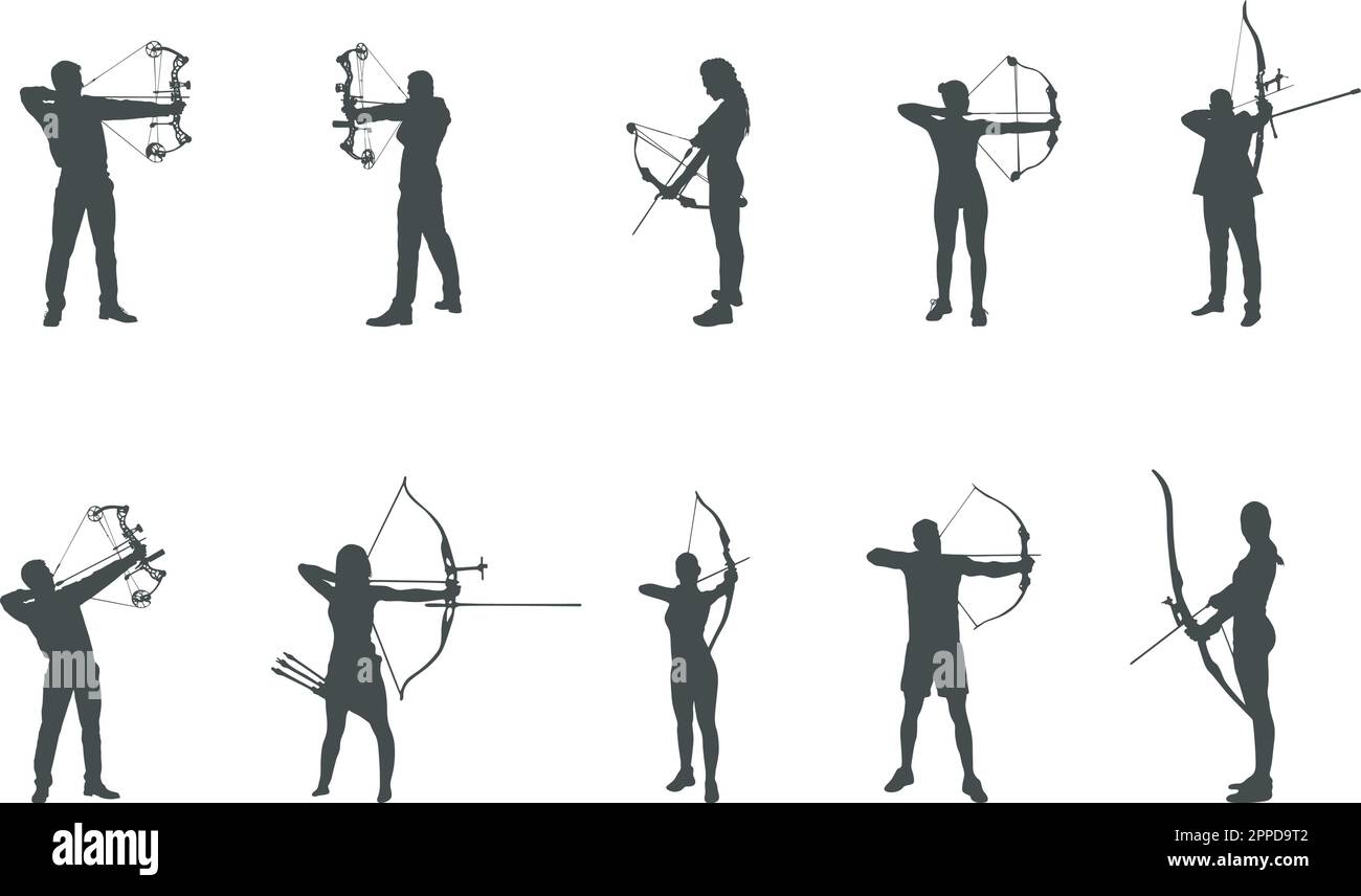 Silhouettes de tir à l'arc, silhouette d'homme de tir à l'arc, silhouette de femme de tir à l'arc Illustration de Vecteur