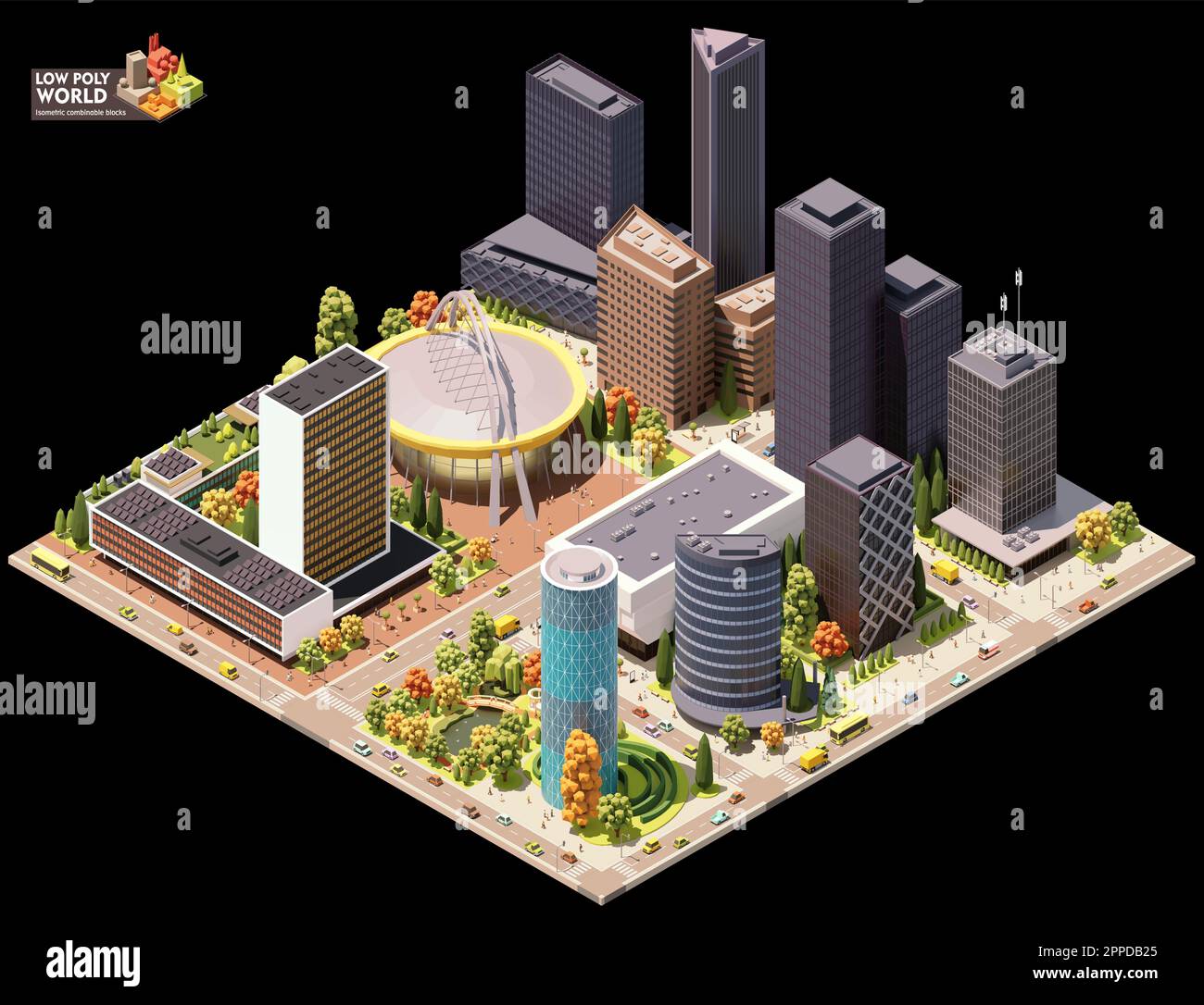 Ensemble de création de cartes vectorielles isométriques. Éléments de carte combinables. Carte du centre-ville ou du centre-ville. Gratte-ciel, centre sportif et parc, bâtiments modernes Illustration de Vecteur