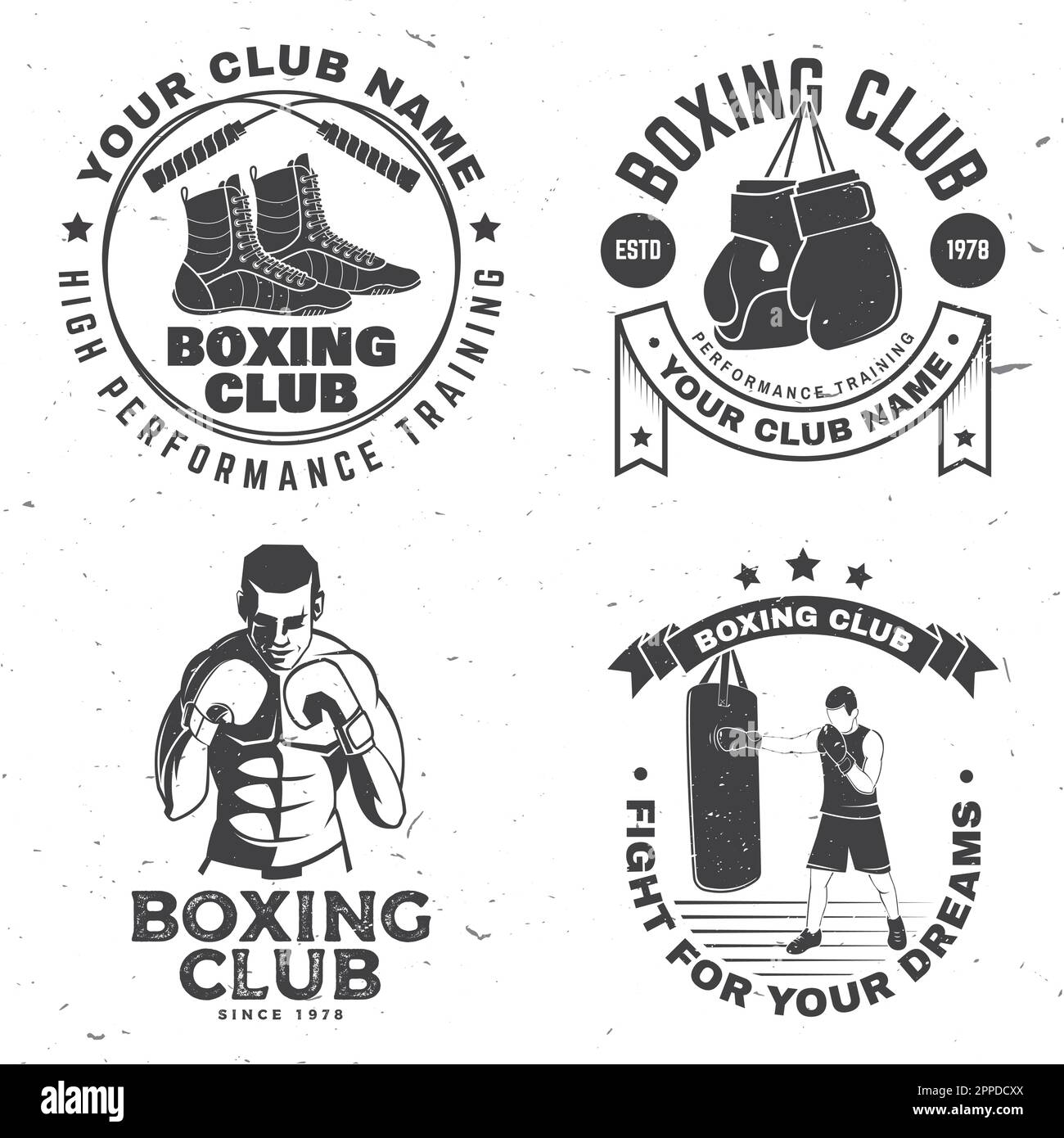 Ensemble de badges du club de boxe, logo. Illustration vectorielle. Pour emblème, enseigne, patch, chemise, modèle de club de sport de boxe. Étiquette monochrome vintage Illustration de Vecteur