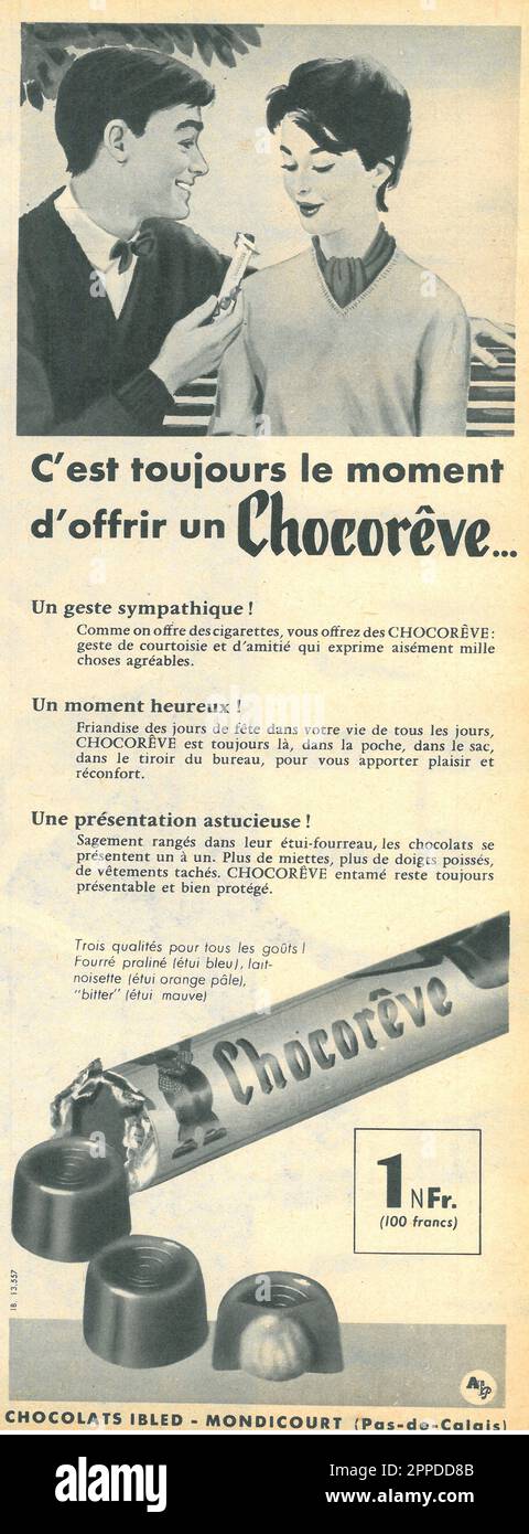 Publicité imprimée française au chocolat Chocorêve, 1959 Banque D'Images