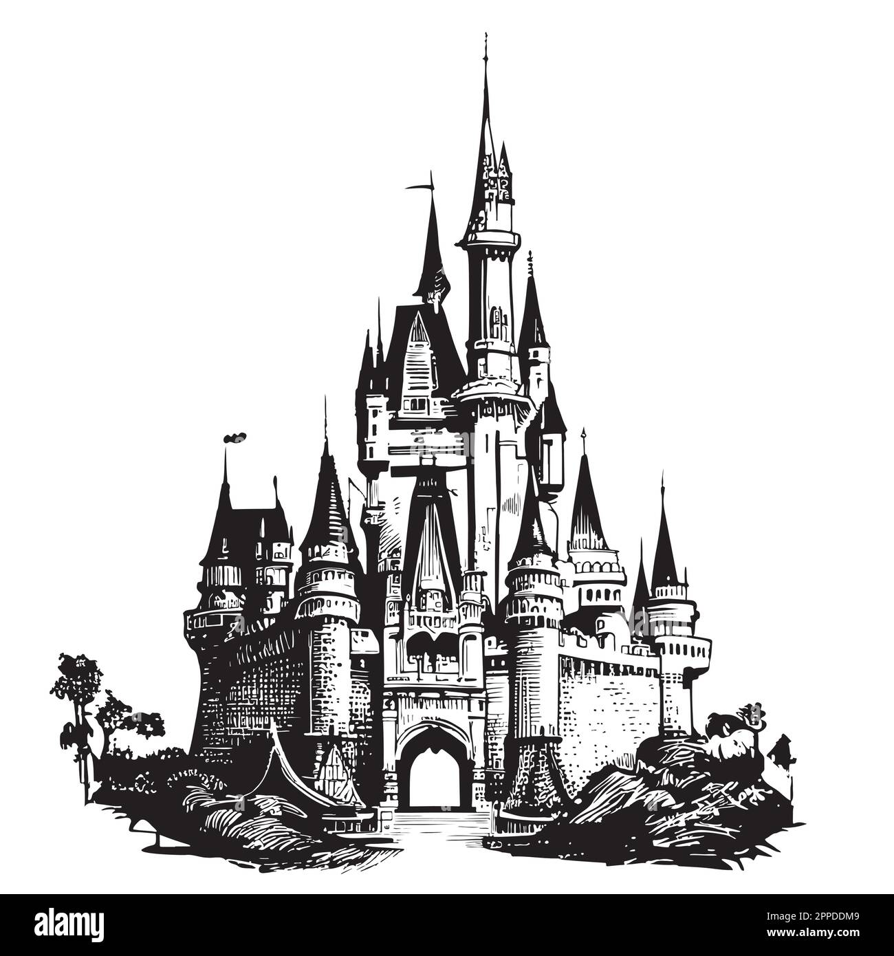 Château de conte de fées esquisse tirée à la main Illustration de Vecteur