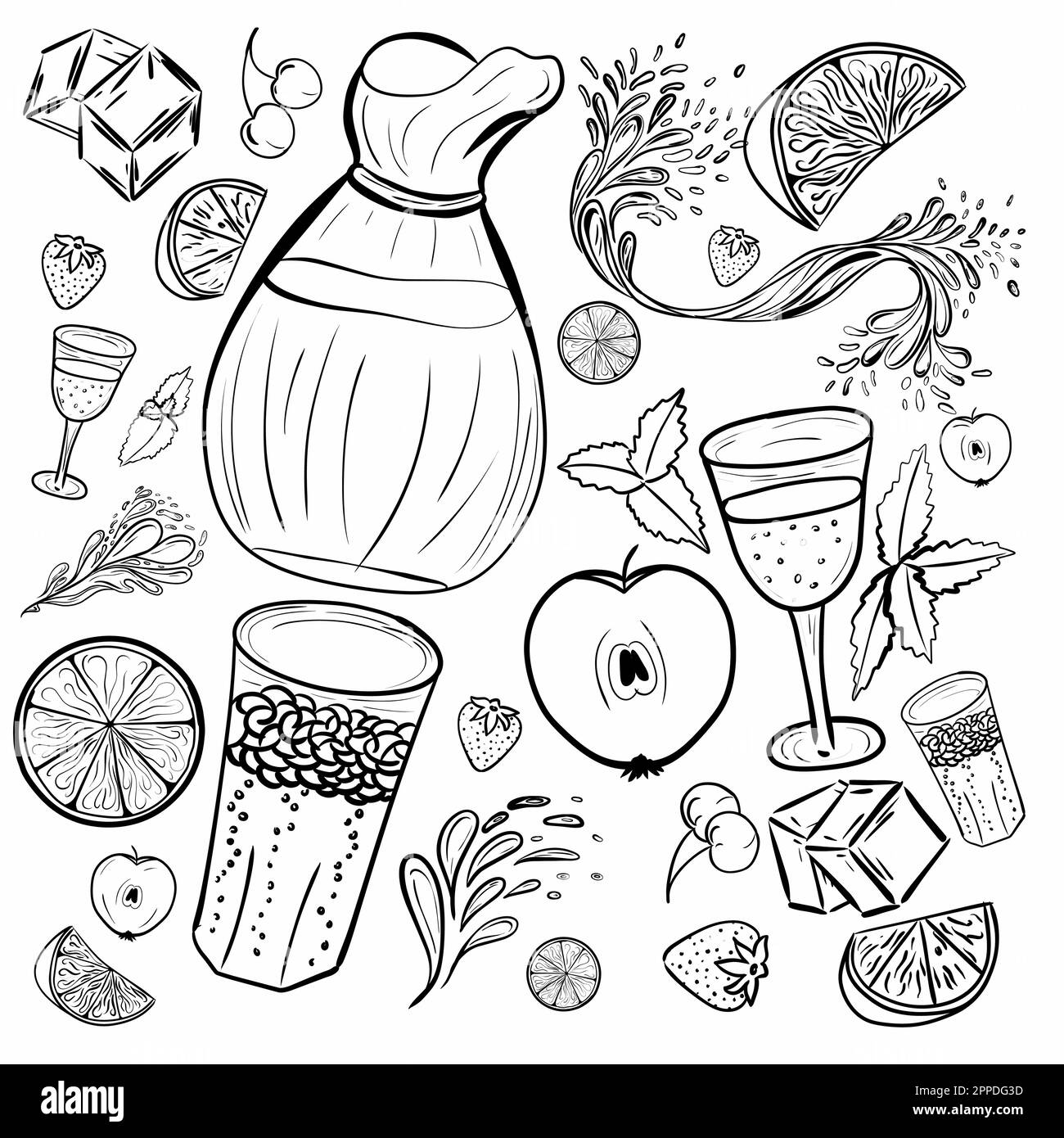 Vector hand drawn ensemble de boissons froides, des cocktails et des boissons d'été avec des fruits. Différents doodles pour partie de plage, bar, restaurant. Obje isolés Illustration de Vecteur