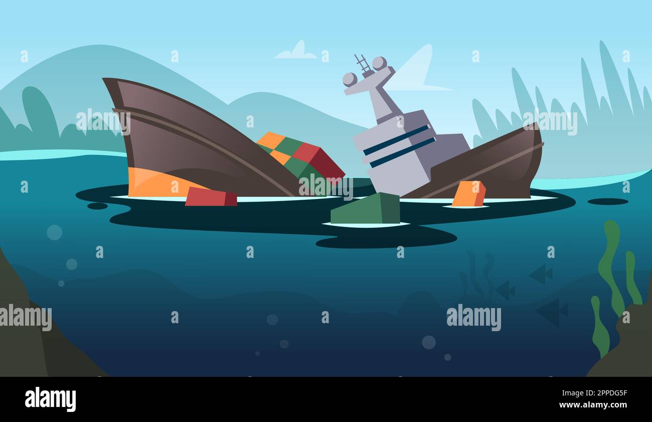 Pollution de l'eau. gros chargement endommagé expédié avec des conteneurs fissurés. Arrière-plan de dessin animé vectoriel Illustration de Vecteur