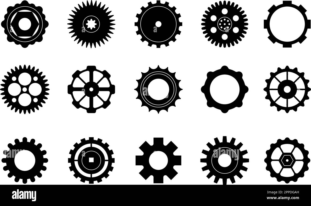 Gears icônes noires, cercle d'engrenages industriel. Fabrication de roues mécaniques industrielles. Éléments de roue dentée, machines cogs silhouettes décentes de vecteur Illustration de Vecteur