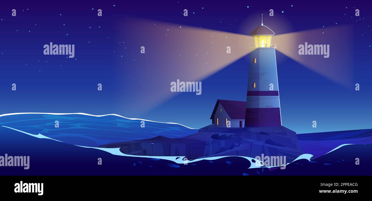 Paysage marin de nuit de dessin animé avec phare île. Illustration vectorielle de l'ancienne tour à balises illuminant les vagues de la mer orageux, de nombreuses étoiles sur le ciel de minuit, maison sur le rocher. Bâtiment rétro pour la navigation de voyage Illustration de Vecteur