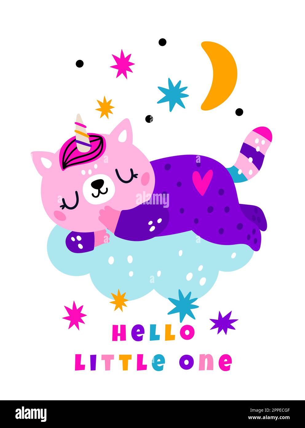 Fête d'anniversaire. Carte de vœux. Doux rêve. Le chat unicorn de dessin animé est en veille sur le cloud. Ciel nocturne. Mignon petit détente. Numérotation drôle d'animal. Bonjour Illustration de Vecteur