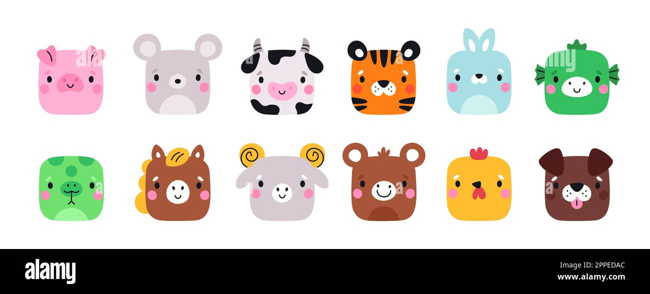 Carrés animaux mignons. Personnages de dessins animés de la faune agricole. Muzzles amusants. Horoscope chinois créatures. Forme des icônes des applications mobiles. Joyeux tigre et cheval Illustration de Vecteur