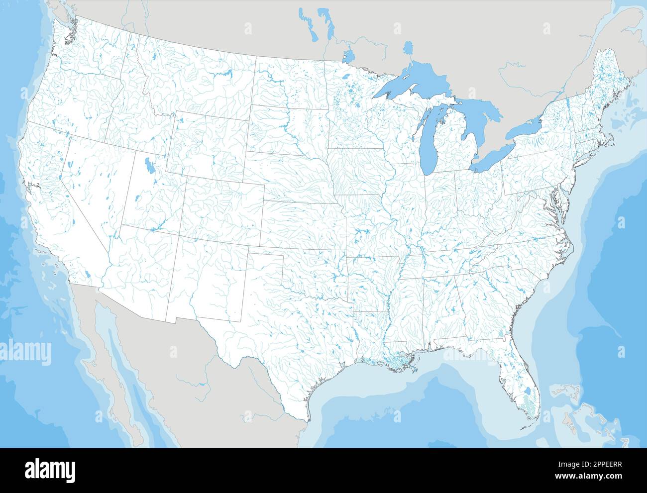 Carte du fleuve complexe des États-Unis avec tous les principaux fleuves et lacs. Illustration de Vecteur