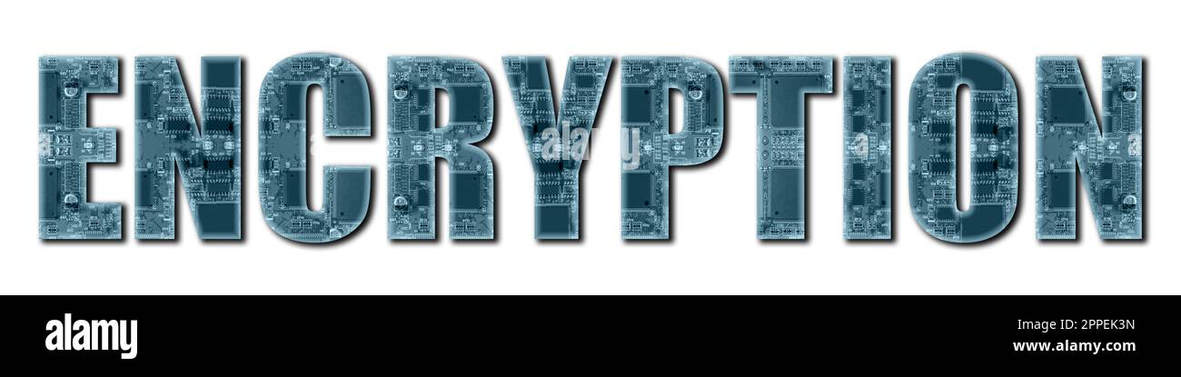 Un ensemble de mots sur l'innovation et la technologie informatique. Le mot CHIFFREMENT avec la texture de la carte électronique. Photo 10 de 16 Banque D'Images