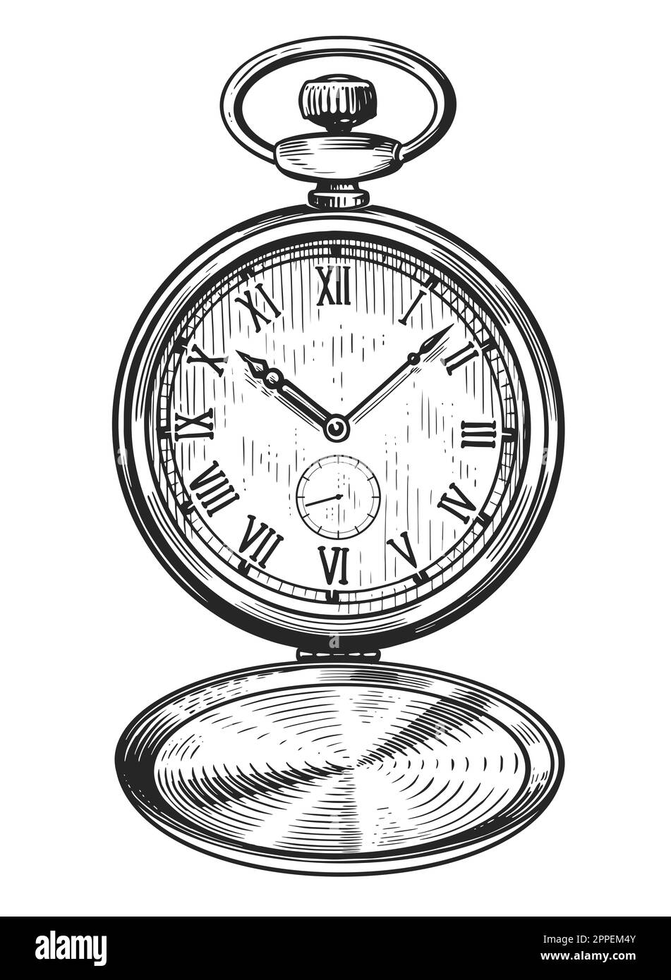 Montre de poche mécanique classique. Horloge ancienne de style gravure ancien. Illustration d'esquisse vintage dessinée à la main Banque D'Images