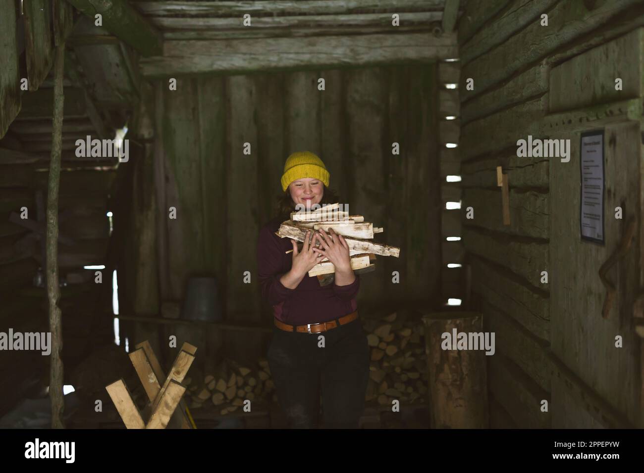 Femme transportant du bois de chauffage dans un hangar Banque D'Images