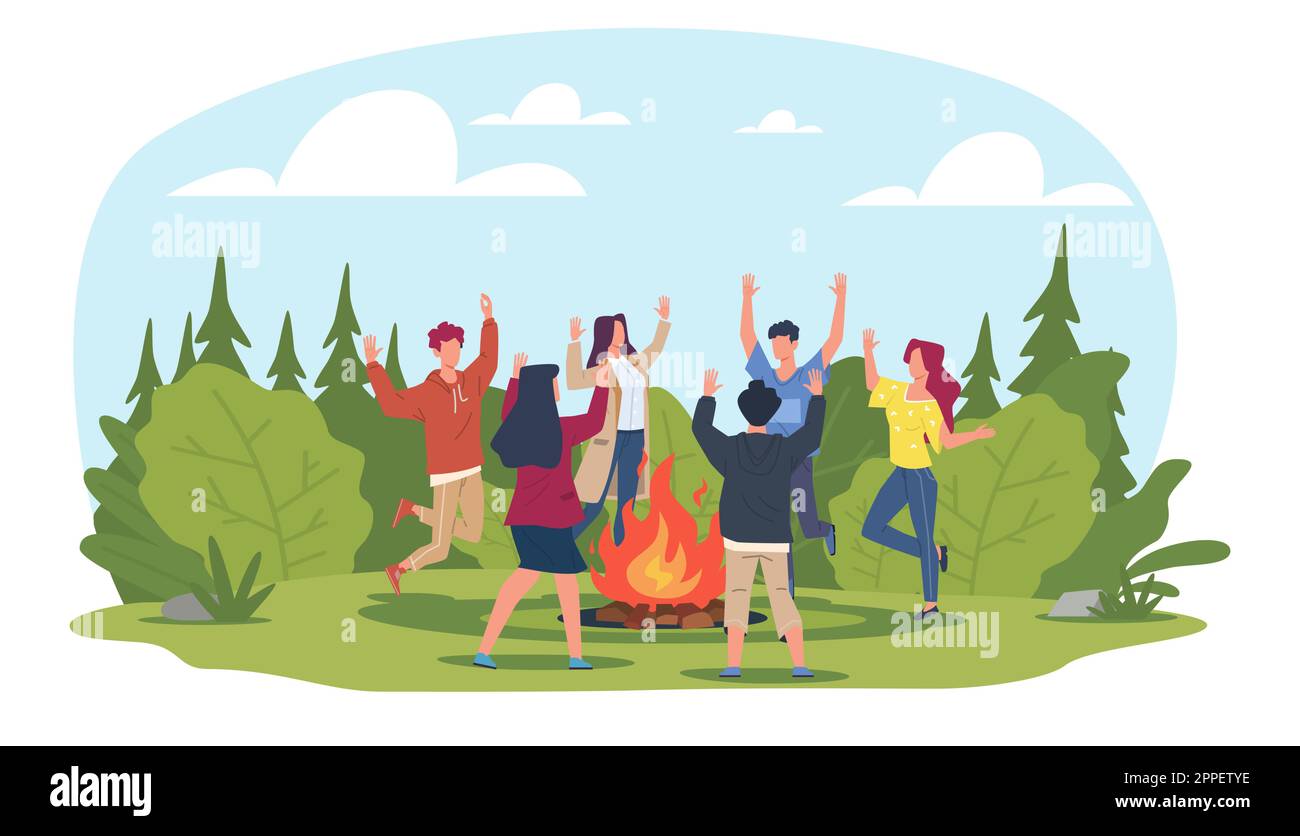 Groupe de jeunes dansant autour d'un feu de camp dans le défrichement dans les bois. Festival de musique en forêt. Joyeux événement de camping d'été pour hommes et femmes. Dessin animé Illustration de Vecteur