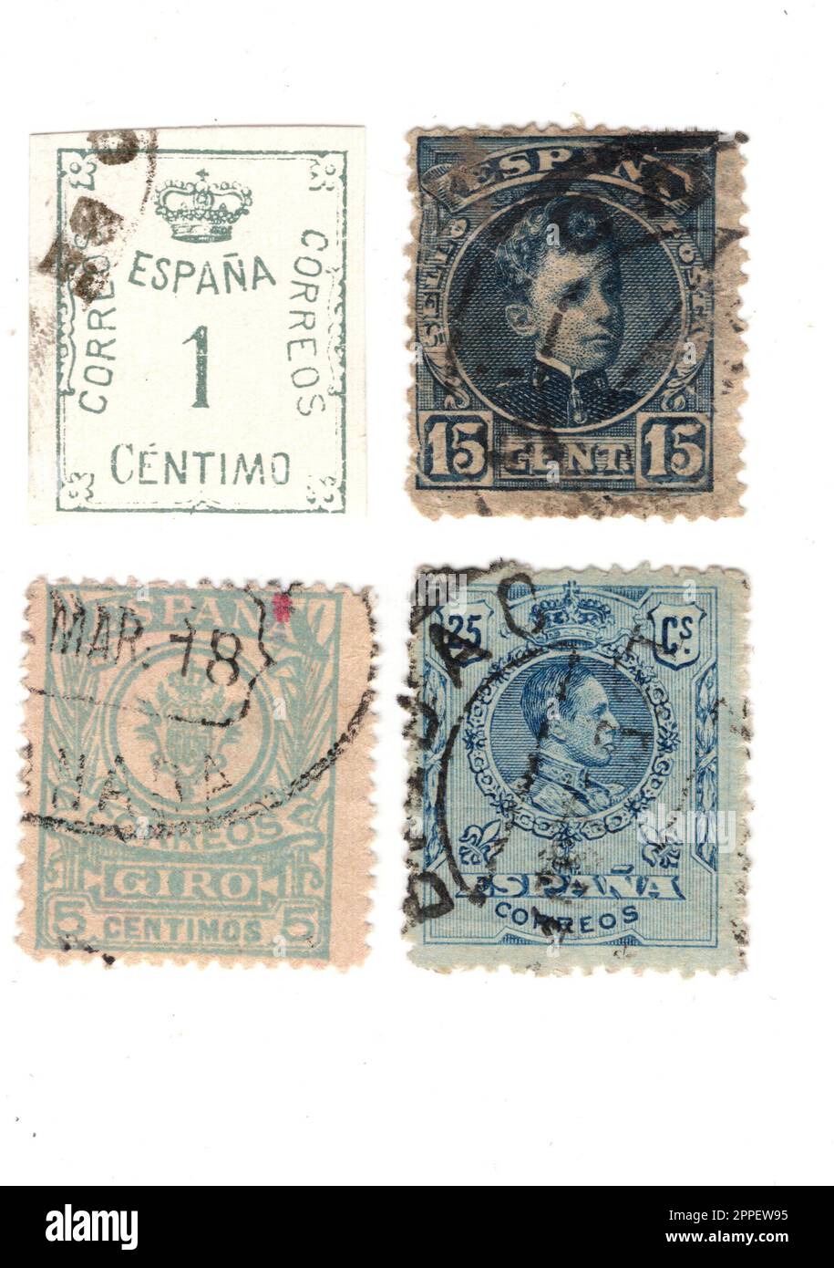 Timbres-poste vintage d'Espagne isolés sur fond blanc. Banque D'Images