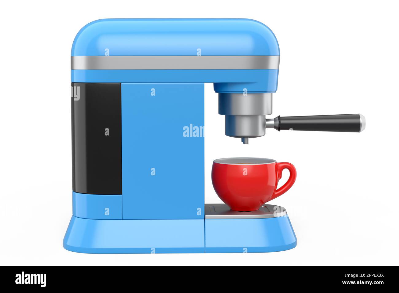 Machine à café expresso avec corne et tasse de café en céramique sur fond blanc. 3d rendu de la cafetière pour préparer du cappuccino, de l'américano, de l'espresso, etc Banque D'Images