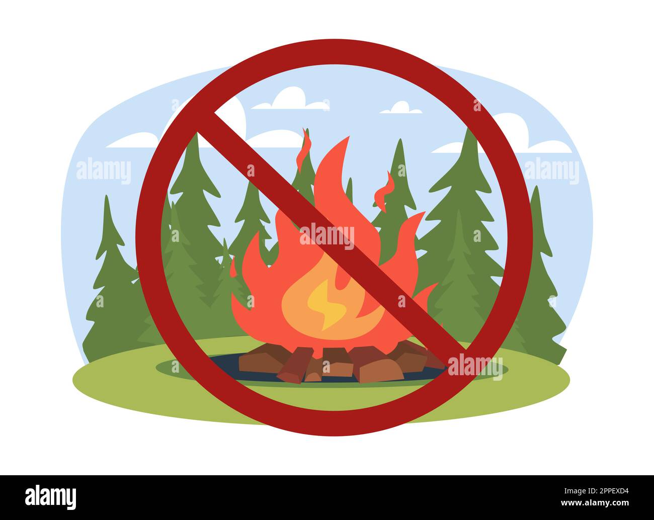 Interdire le panneau de ne pas allumer les feux de bois. Signe interdit. Symbole STOP. Protection des forêts, règles de camping. Étiquette de mise en garde. Cercle rouge croisé. Dessin animé Illustration de Vecteur