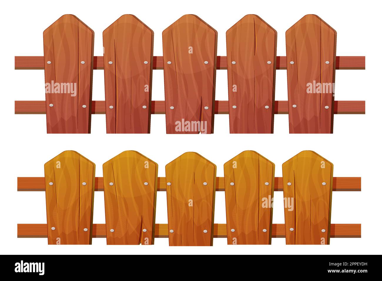 Clôture en bois sur ferme, ranch, jardin isolé de la clôture en bois de campagne dans le style de dessin animé isolé sur fond blanc. Lamelles en bois dur, piquet agricole. Protection de la maison rurale, barrière de panneaux en bois. Illustration vectorielle Illustration de Vecteur