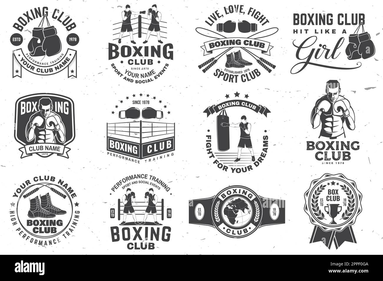 Ensemble de badges du club de boxe, logo. Illustration vectorielle. Pour emblème, enseigne, patch, chemise, modèle de club de sport de boxe. Étiquette monochrome vintage Illustration de Vecteur