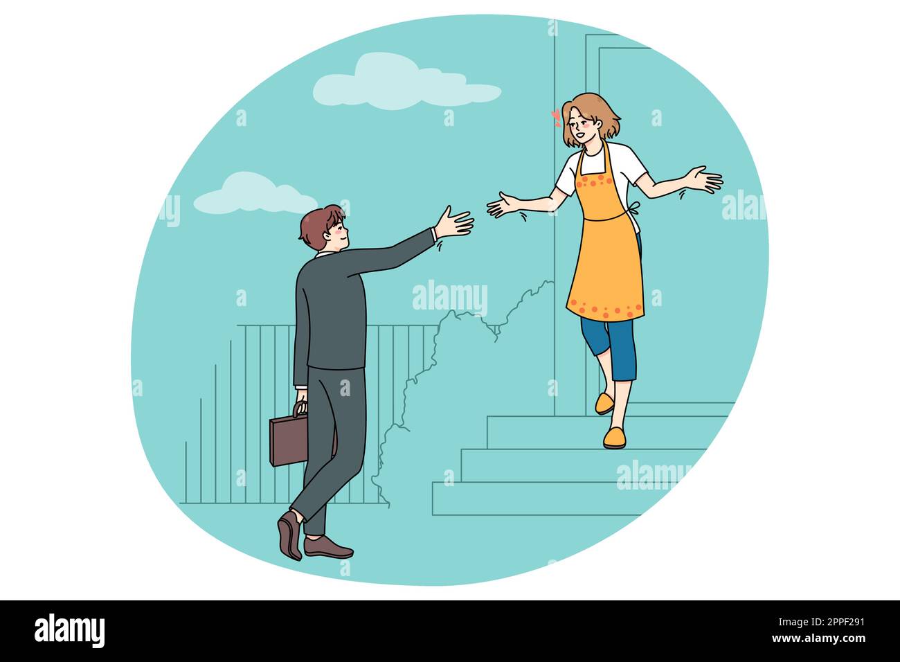 Une femme heureuse se tient dans les escaliers pour rencontrer son mari qui rentre du travail. Femme de ménage souriante bienvenue homme amoureux dans sa propre belle maison. Relation de couple et de famille. Illustration vectorielle. Illustration de Vecteur