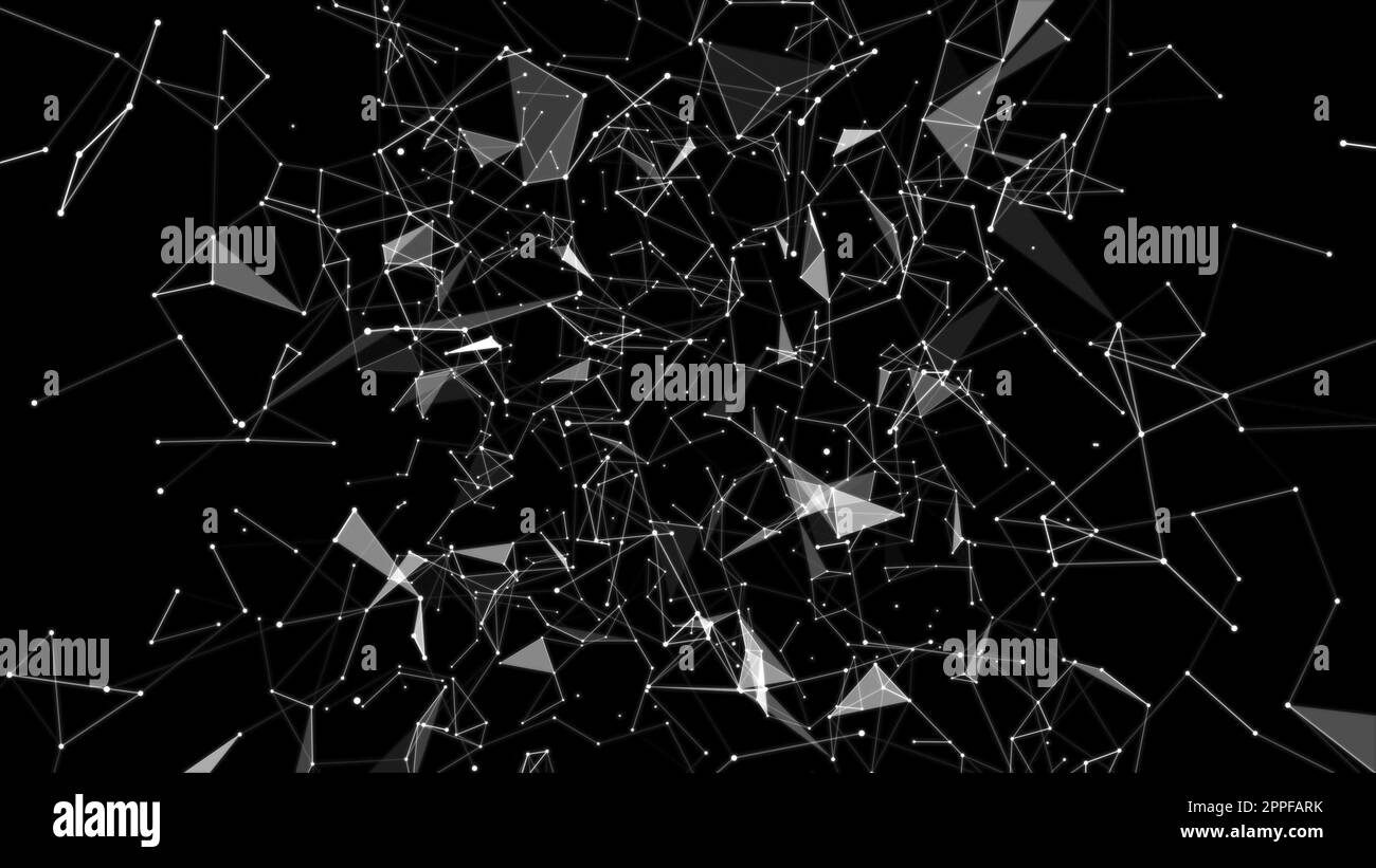Arrière-plan abstrait des formes géométriques. Connexions sous forme de lignes et de faces entre des points dans l'espace sur un arrière-plan noir. 3D rendu. Banque D'Images Arrière-plan abstrait des formes géométriques. Connexions sous forme de lignes et de faces entre des points dans l'espace sur un arrière-plan noir. 3D rendu. Banque D'Images