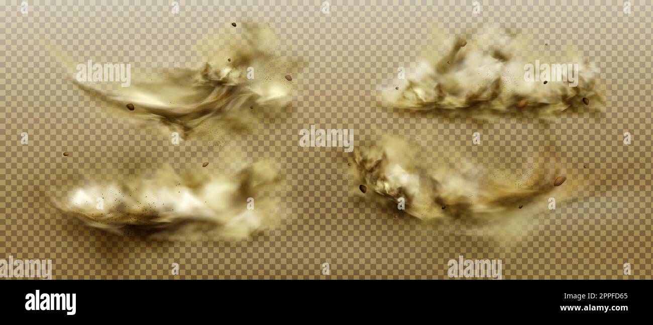 Ensemble de nuages de poussière. Fumée brune sale, épais smog avec sable mottes et particules de sol isolées sur fond transparent. Pollution de l'air vapeur élément design réaliste 3D vecteur illustration clip art Illustration de Vecteur