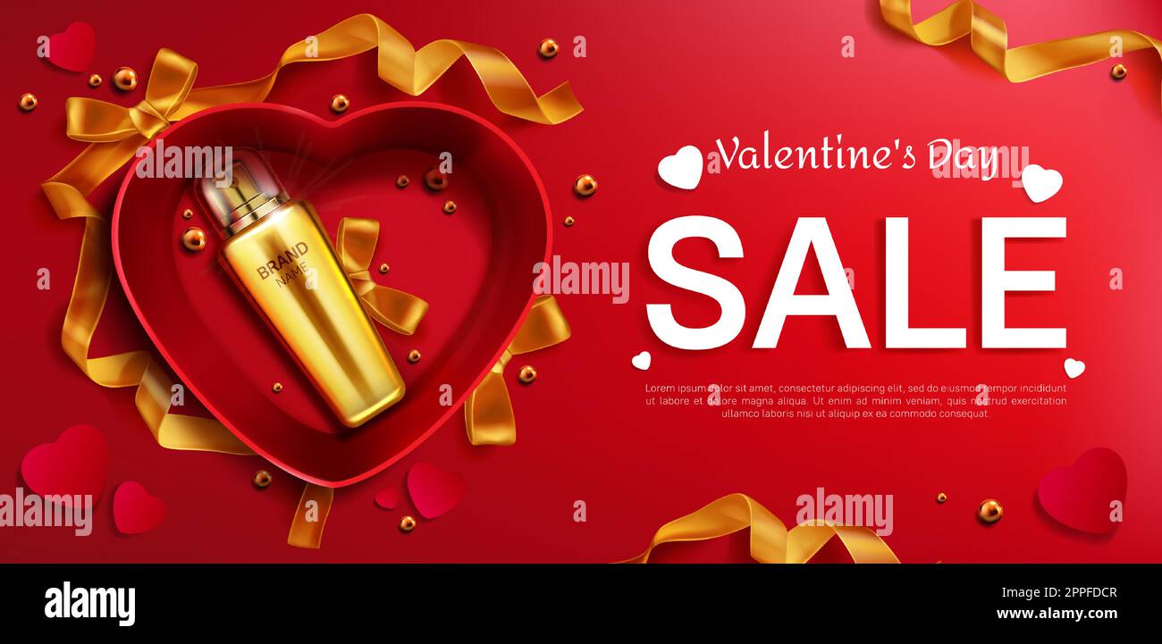 Bouteille de cosmétiques pour la Saint-Valentin bannière de vente, cadeau produit de beauté en or tube de maquillage situé à l'intérieur de la boîte en forme de coeur vue du dessus sur fond rouge avec arcs réaliste 3D illustration vectorielle Illustration de Vecteur