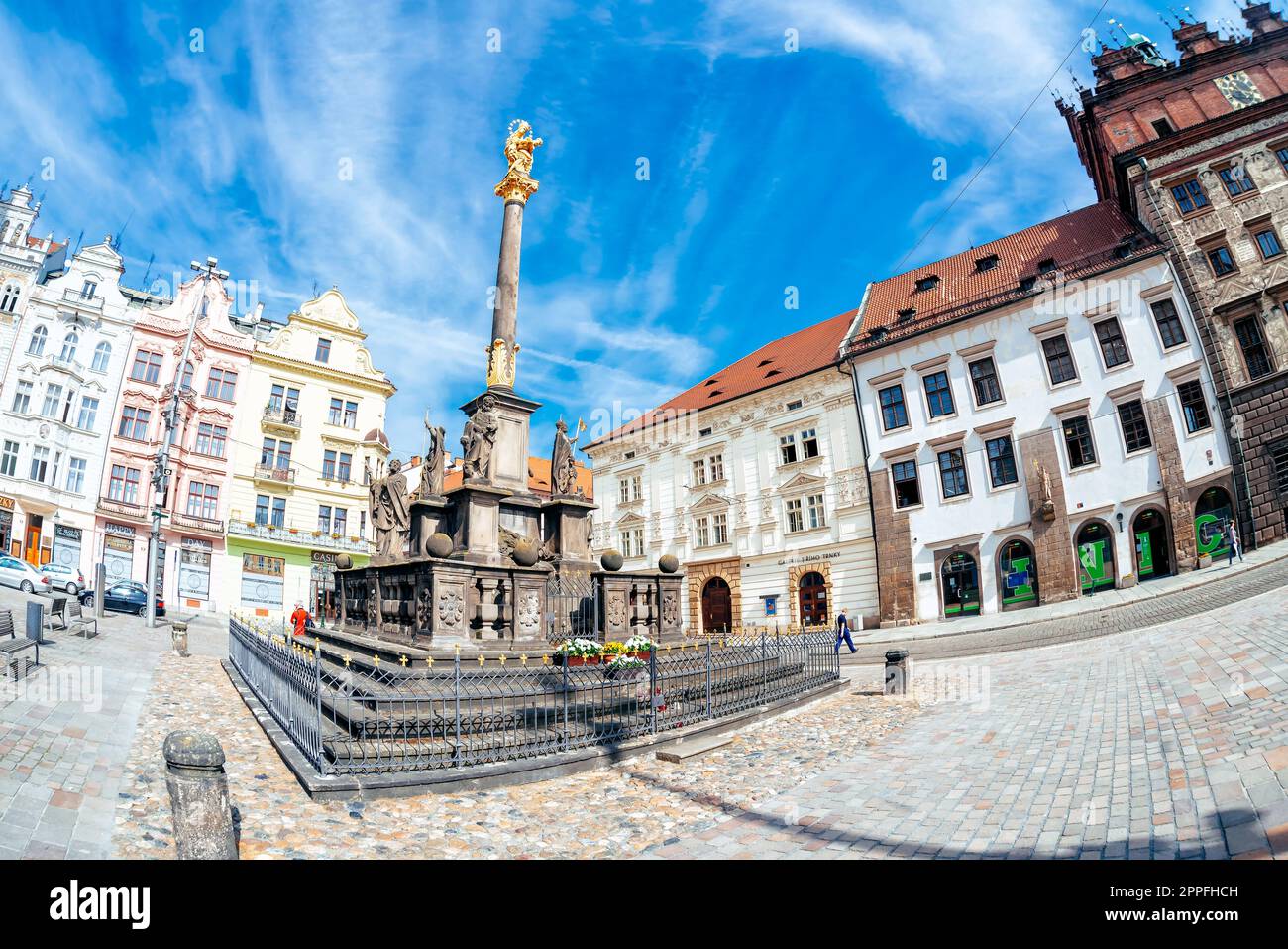 Plzen, République tchèque - Mai 12 2019 : la colonne Marienne sur la place de la République Banque D'Images