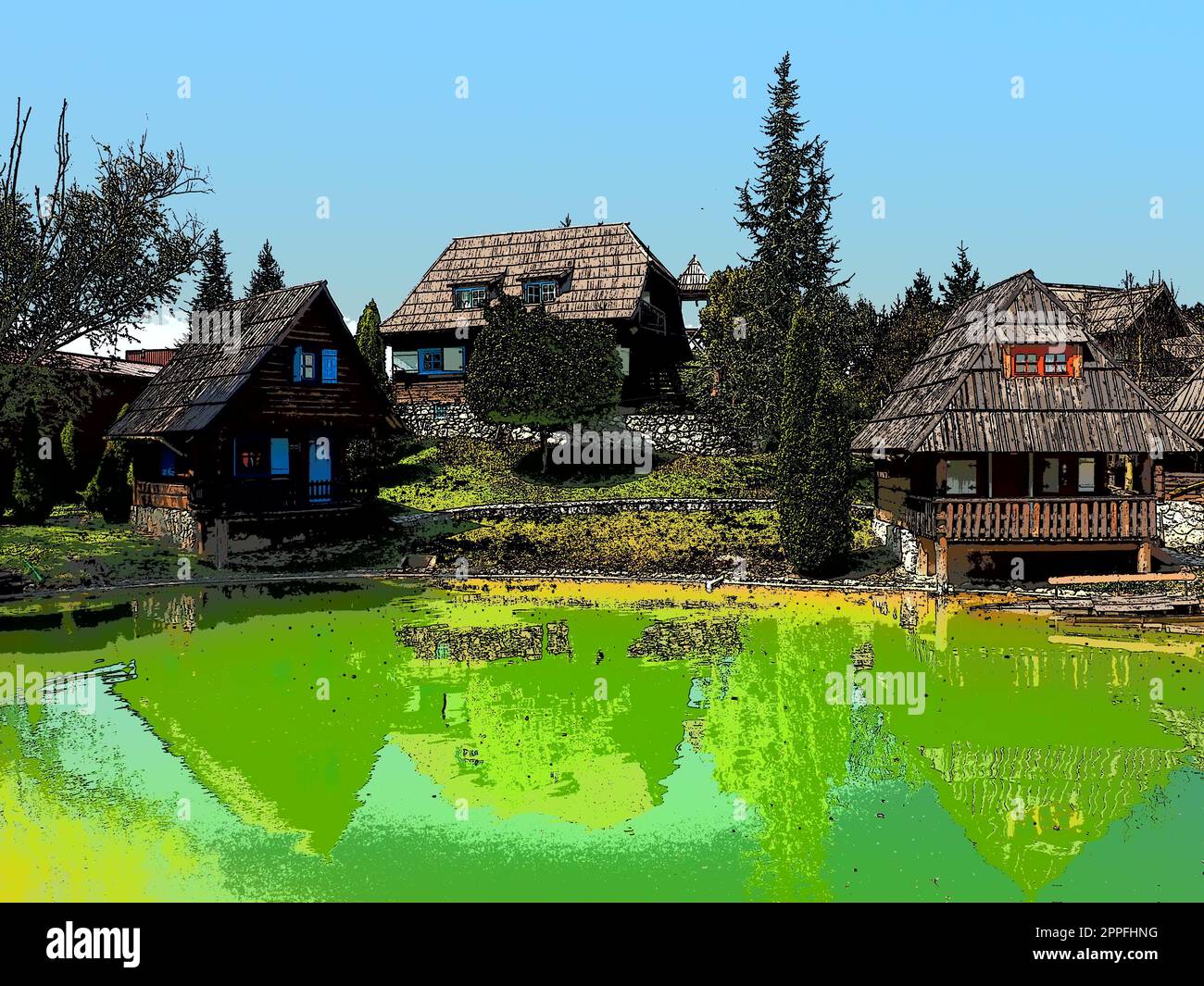 Stanisici, Bijelina, Bosnie-Herzégovine. 25 avril 2021 ethno-village, maisons de village traditionnelles en rondins, style bosniaque de construction dans les hauts plateaux. Lac avec eau.Architecture en bois. Banque D'Images