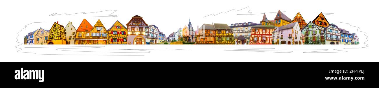 Scène nocturne à Eguisheim, village traditionnel de la région viticole d'Alsace, avec une maison traditionnelle, désormais un lieu de dégustation de vins Banque D'Images Scène nocturne à Eguisheim, village traditionnel de la région viticole d'Alsace, avec une maison traditionnelle, désormais un lieu de dégustation de vins Banque D'Images