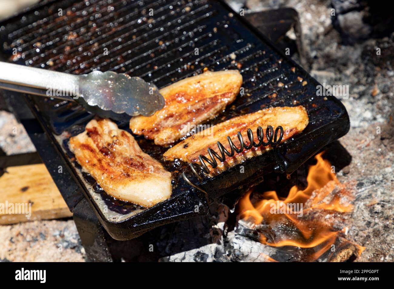 Ragoûts. Nourriture sur feu. Préparation de nourriture sur les bois de feu et de bois de chauffage. Viande. Photographie. Célébration dans une ville de la Communauté de Madrid, en Espagne Banque D'Images