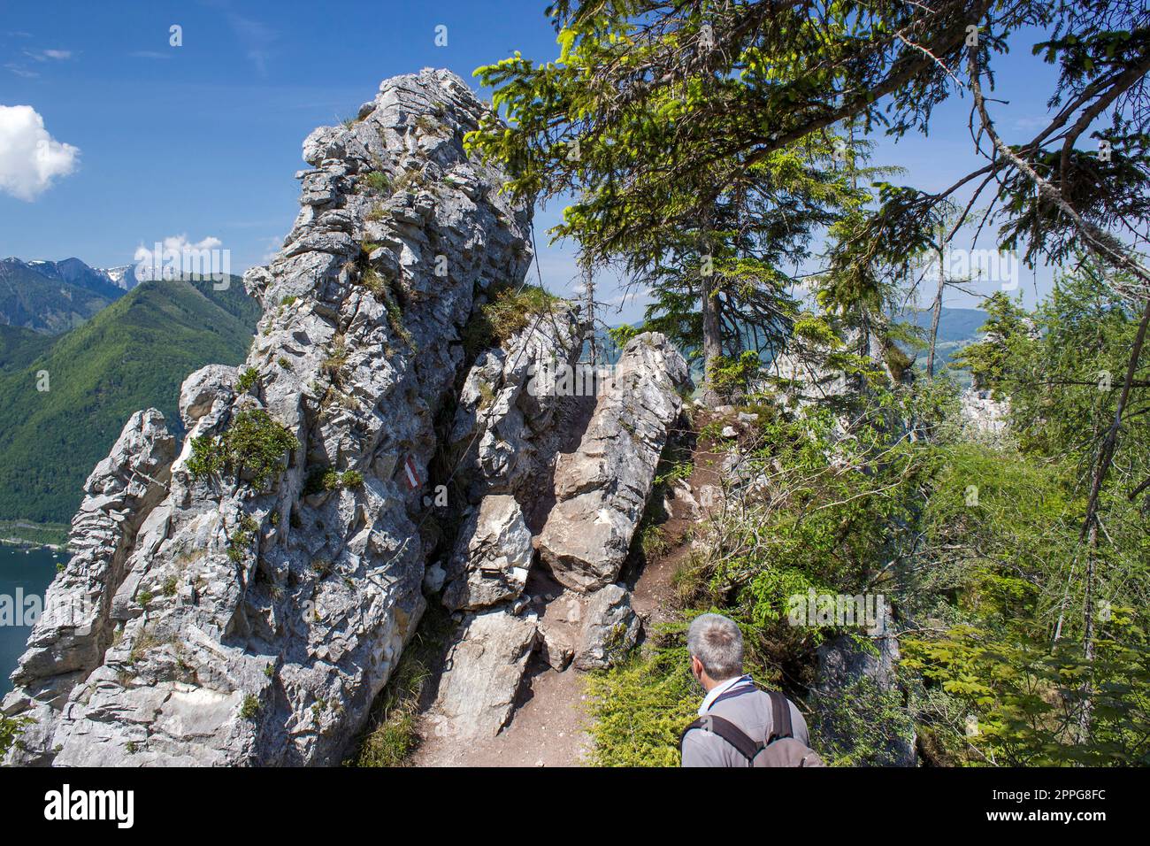 Randonneur dans la montagne des Alpes, colline Kleiner Schonberg. Autriche Banque D'Images
