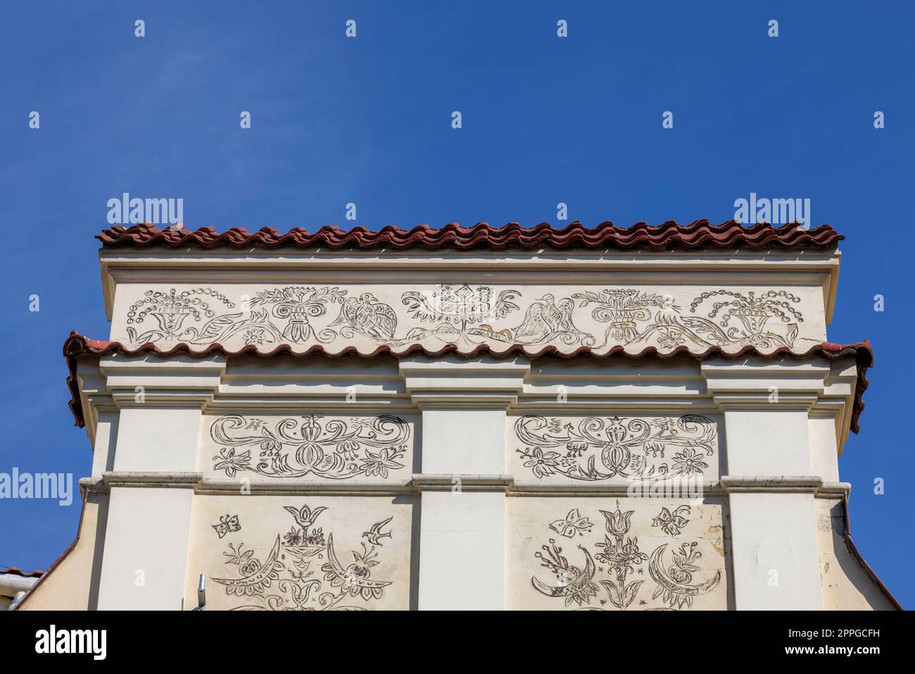 Vue sur la façade décorative de la maison de résidence dans la vieille ville, Lublin, Pologne Banque D'Images