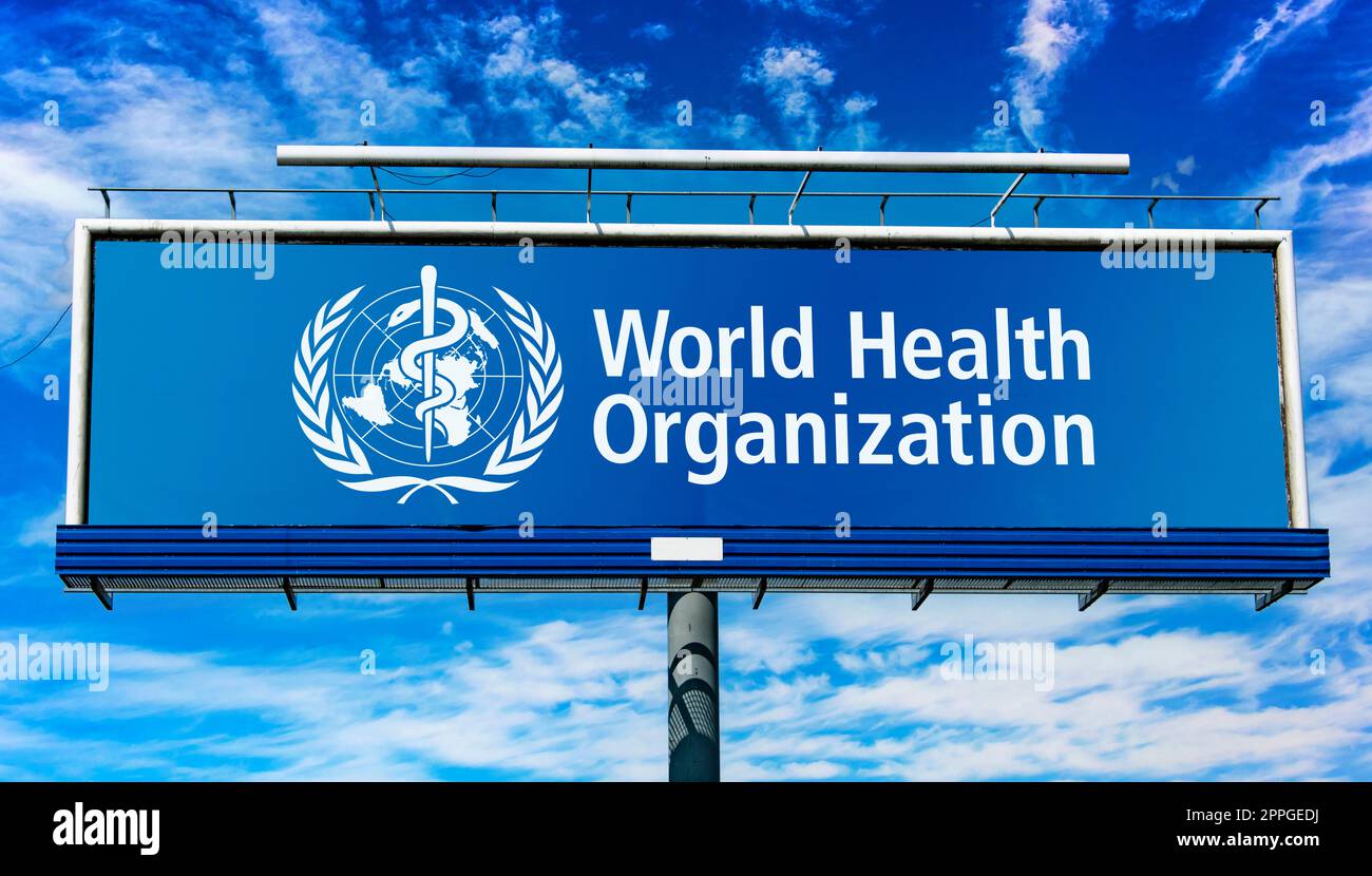 Panneau d'affichage affichant le logo de l'Organisation mondiale de la santé Banque D'Images