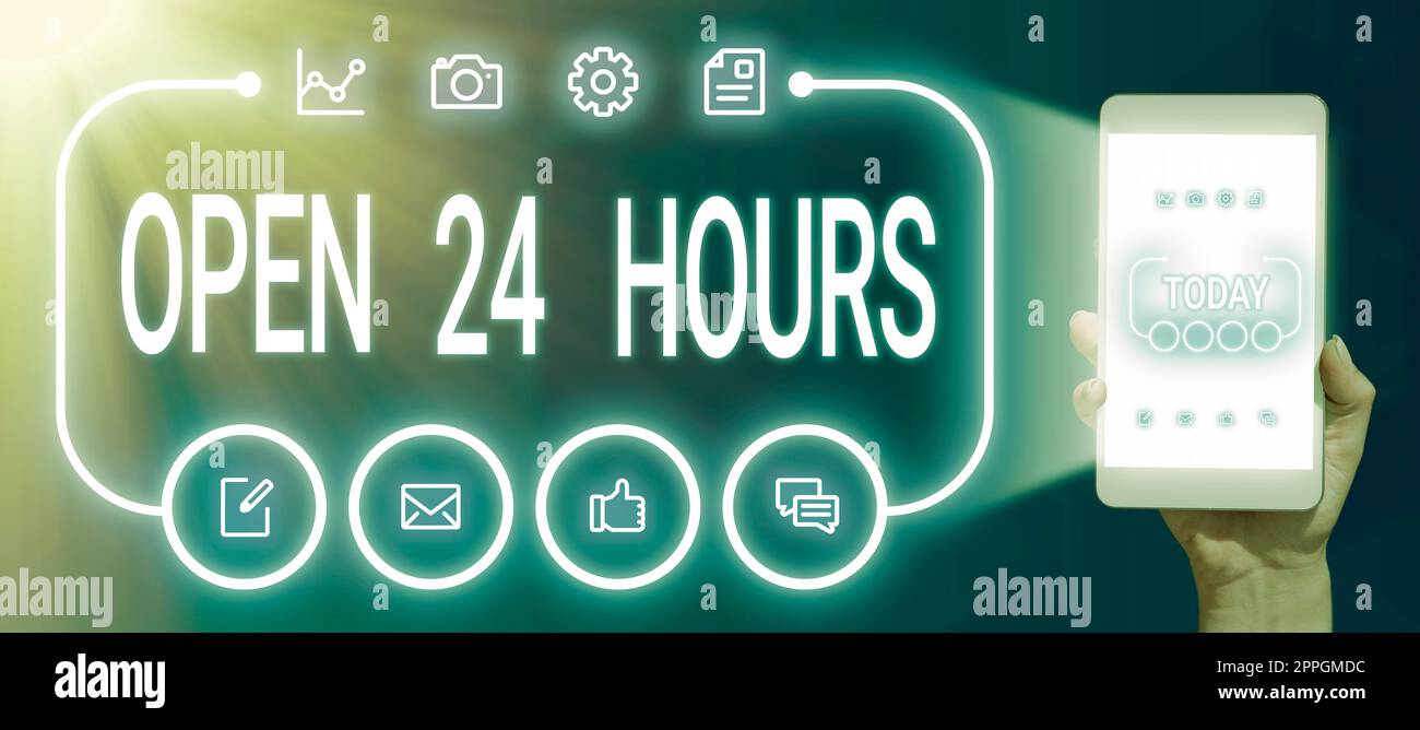 Écriteau à écrire à la main ouvert 24 heures sur 24. Photo conceptuelle travailler toute la journée magasin d'affaires de tous les jours toujours opérant cadre avec des feuilles et des fleurs autour et annonces importantes à l'intérieur. Banque D'Images