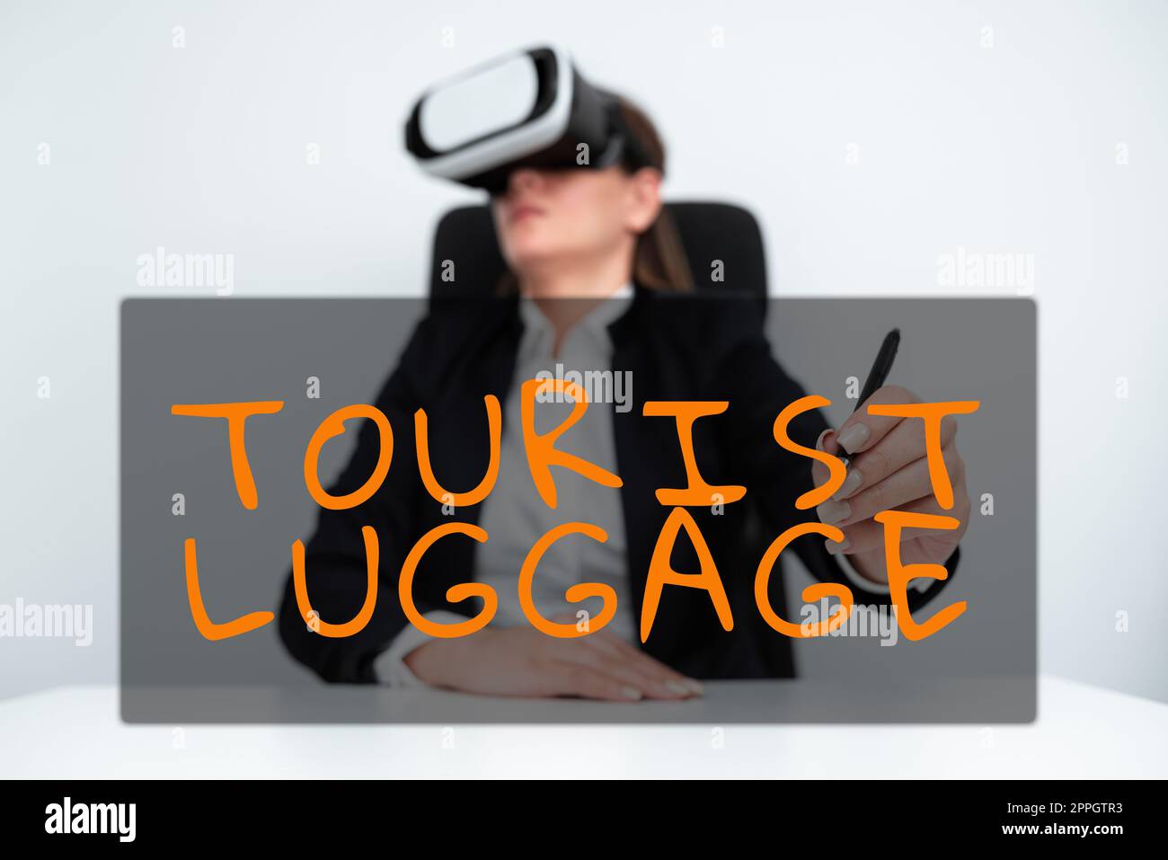 Text caption présentant Tourist Luggagebig sac qui contient tout ce dont on a besoin pour voyager. Grand sac de vitrine d'affaires qui contient tout ce dont on a besoin pour voyager Banque D'Images