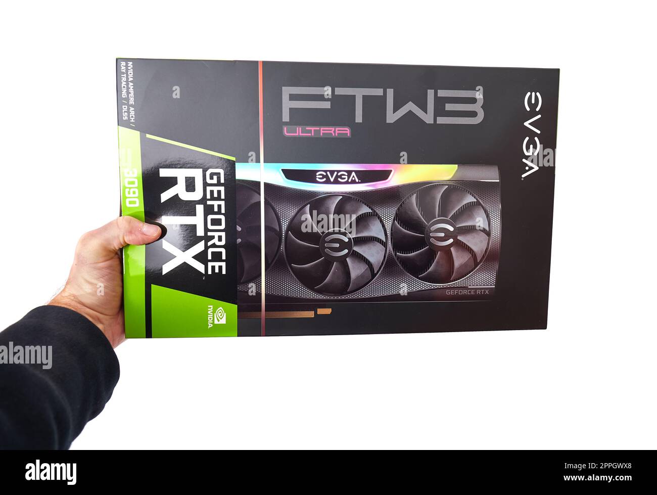 Boîtier GPU EVGA GeForce RTX 3090 Nvidia, isolé sur blanc Banque D'Images