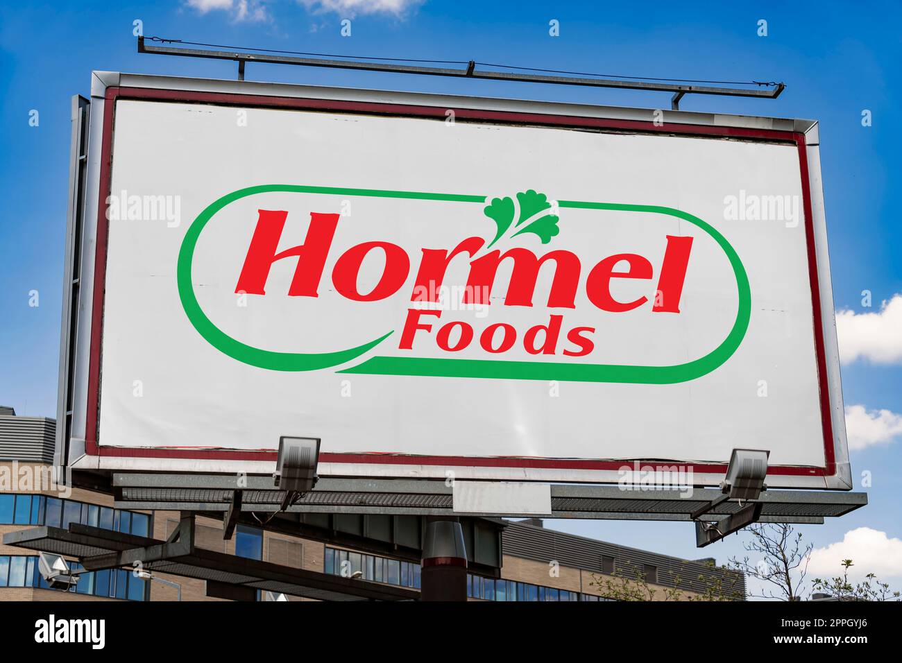 Panneau publicitaire affichant le logo de Hormel Foods Banque D'Images