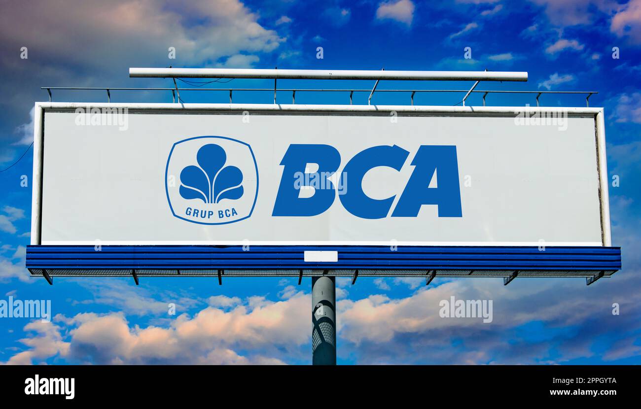 Panneau publicitaire affichant le logo de Bank Central Asia Banque D'Images