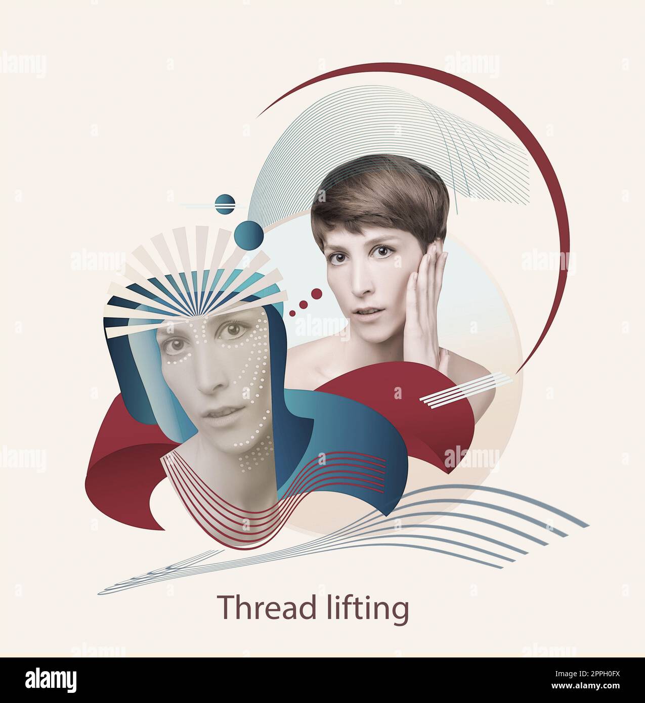 Le concept de levage, de peau, de chirurgie plastique. Femme visage avec des marques et des flèches. Design artistique Banque D'Images