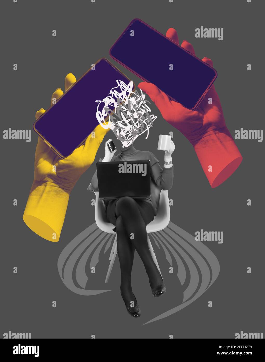 Femme en affaires. Collage d'art contemporain fait de plan de femmes matures travaillant à peine isolées sur fond bleu, concept de dame patron, finance, carrière, leader, équipe. Banque D'Images