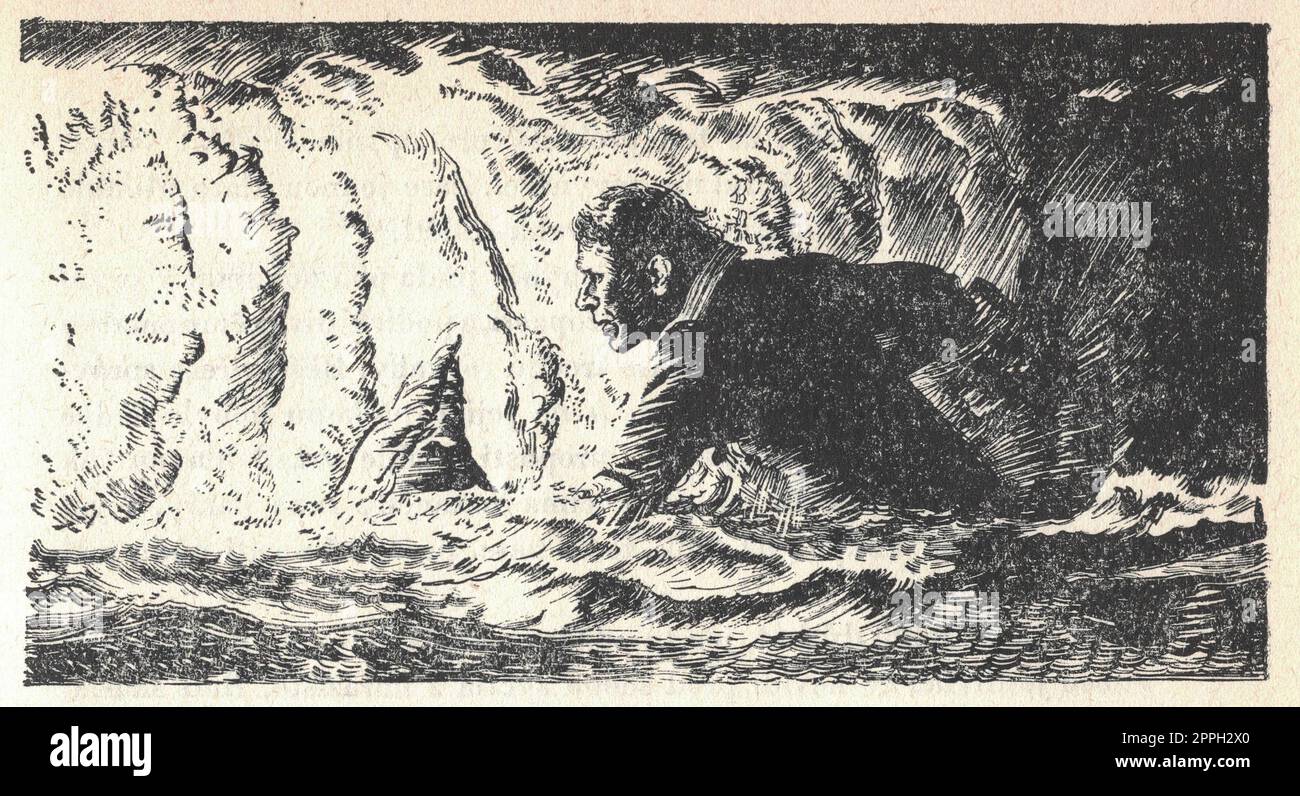 Un homme pataugeait dans l'eau dans une grotte. Vieille illustration en noir et blanc. Dessin vintage. Illustration de Zdenek Burian. Banque D'Images