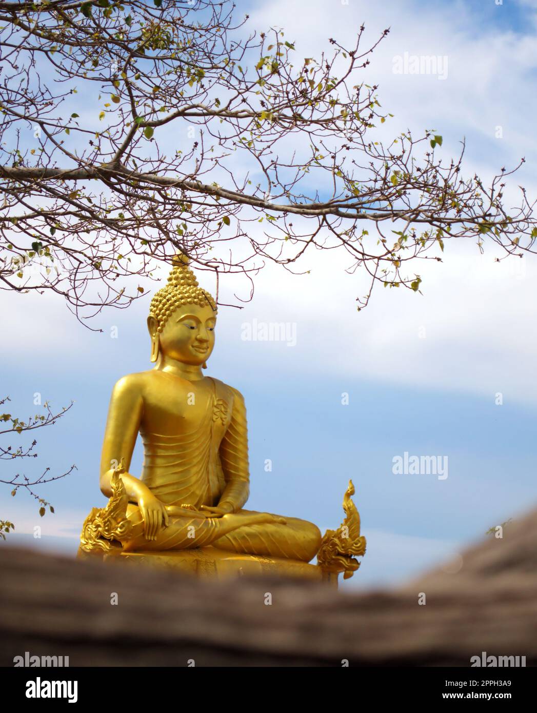 Une statue en or de Bouddha assis, flanqué de deux serpents Naga en Thaïlande. Banque D'Images