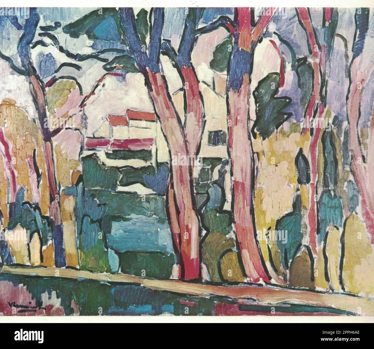 Paysage avec arbres rouges, 1906. Paintig de Maurice Vlaminck. Maurice de Vlaminck, né le 4 avril 1876 et mort le 11 octobre 1958, est un peintre français. Avec Andr Derain et Henri Matisse, il est considéré comme l'une des figures principales du mouvement fauve, un groupe O. Banque D'Images