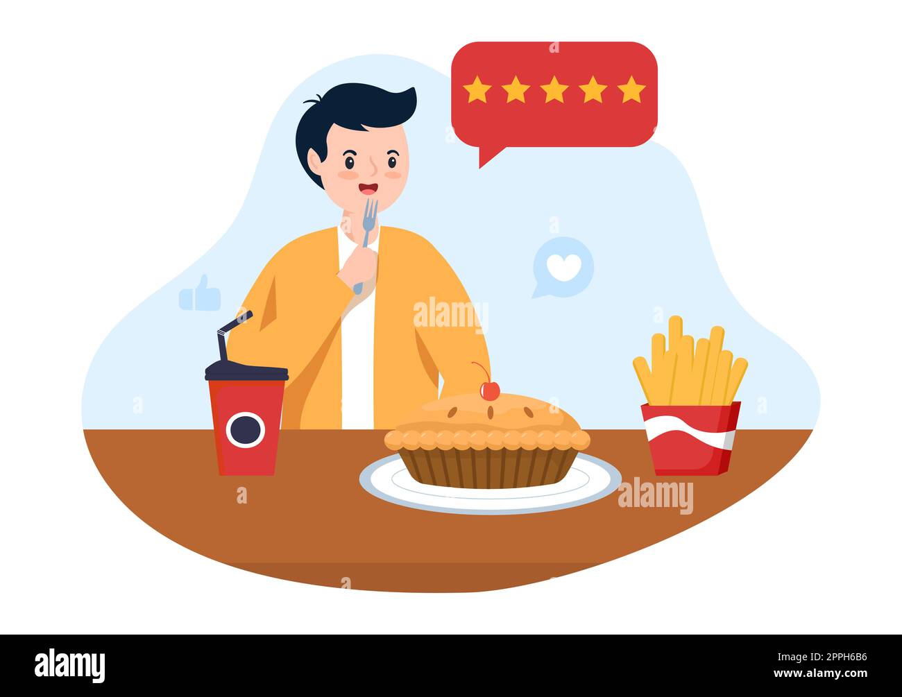 Modèle d'évaluation de la notation du restaurant Illustration d'un dessin animé à la main avec commentaires des clients, étoiles de notation, opinion d'expert et enquête en ligne Banque D'Images