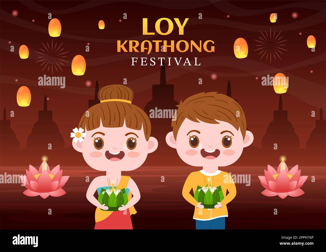 Loy Krathong Festival Celebration en Thaïlande modèle dessin main dessin dessin dessin de dessin animé à plat avec lanternes et Krathongs flottant sur l'eau Design Banque D'Images